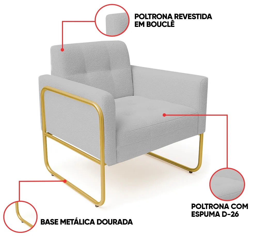 Poltrona Sala Industrial Alta Tubo Dourado Elisa Bouclê D03 - D'Rossi - Cinza