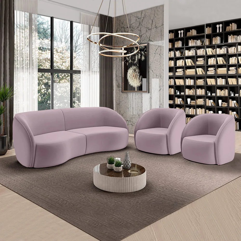 Conjunto Sofá Sala de Estar Bipartido 318cm e 2 Poltronas Clarke Veludo Rosê G45 - Gran Belo
