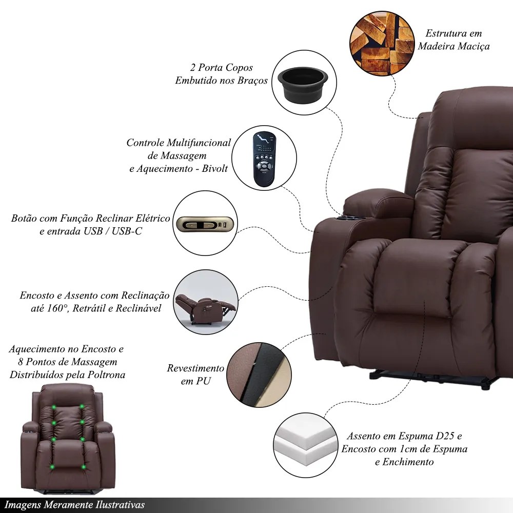 Poltrona do Papai Elétrica Reclinável Austin com Massagem Aquecimento entrada USB/USB-C PU Marrom Chocolate G94 - Gran Belo