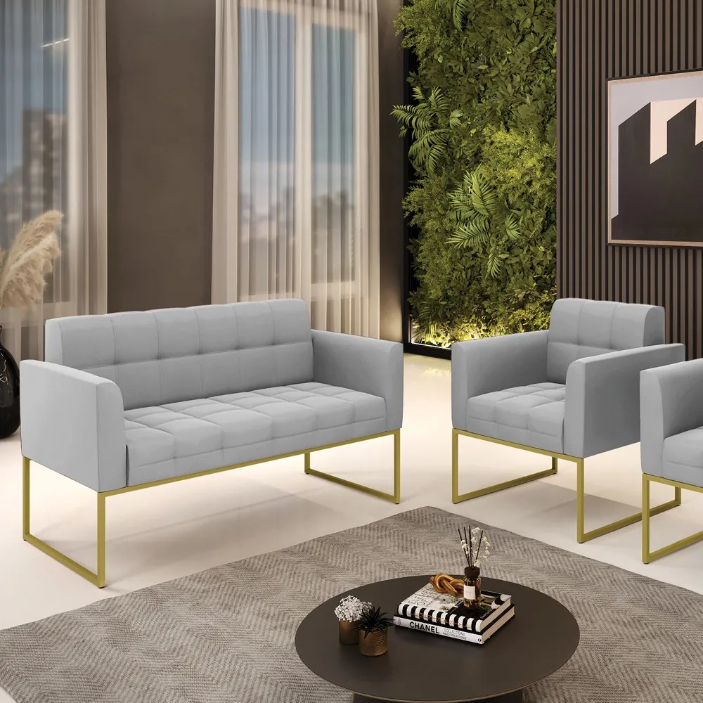 Kit 1 Sofá Namoradeira e 1 Poltrona Elisa Suede Base Metálica Industrial Dourado - D'Rossi - Cinza
