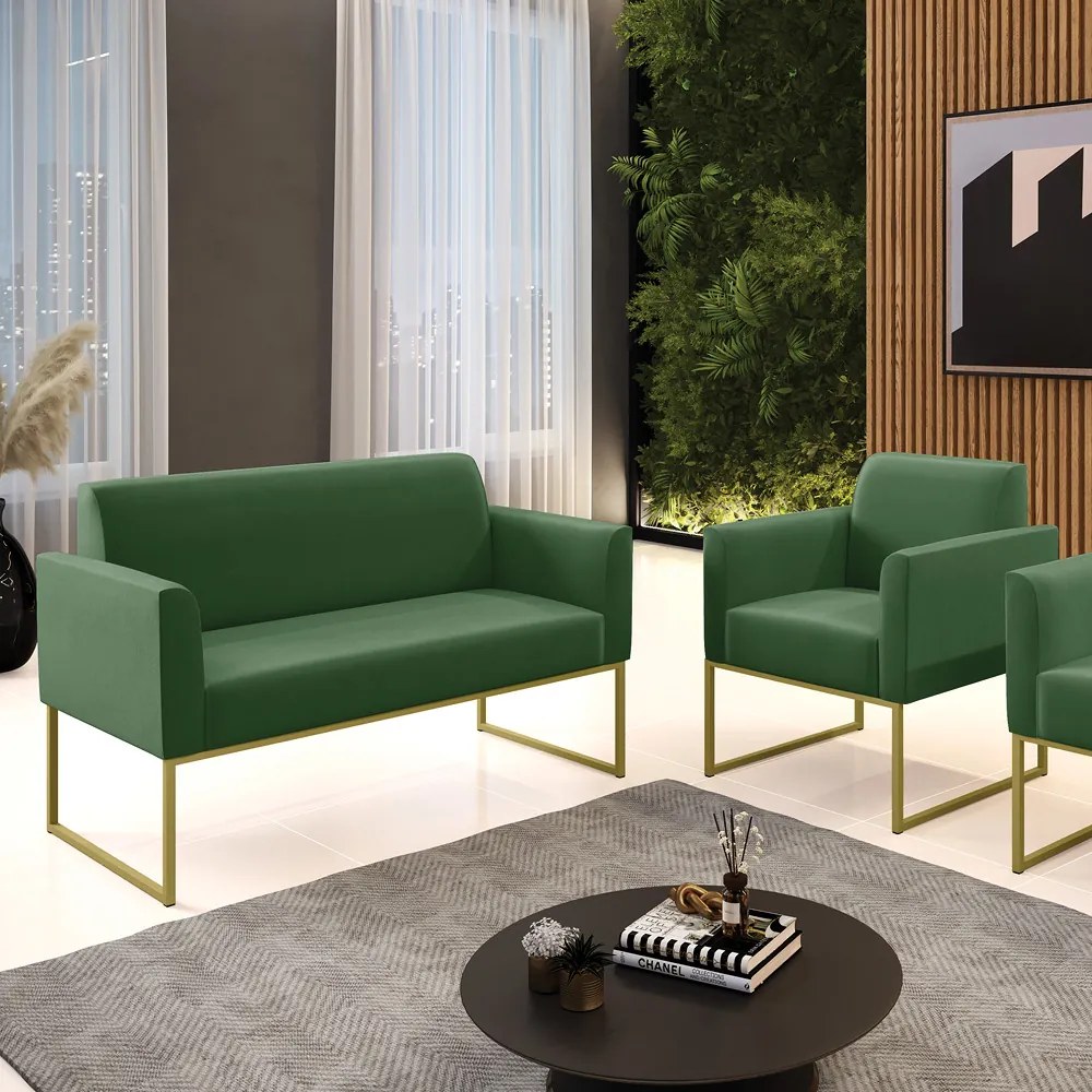 Sofá Namoradeira com Poltrona Base Industrial Dourado Marisa Suede D03 - D'Rossi - Verde