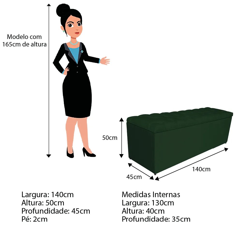 Calçadeira Estofada Liverpool 140 cm Casal Suede Verde - ADJ Decor