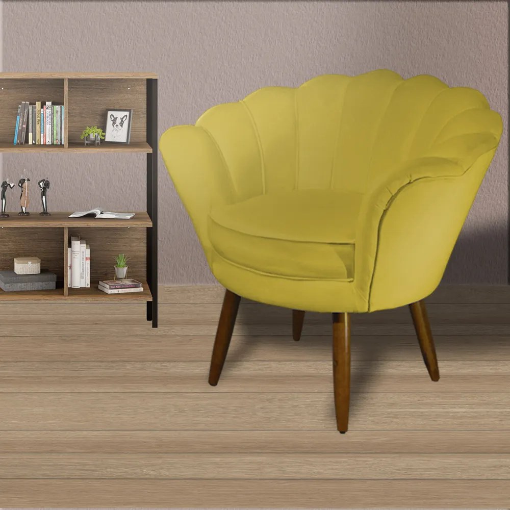 Kit 2 Poltronas Decorativas Pétala Pés Palito Suede Amarelo - Sheep Estofados