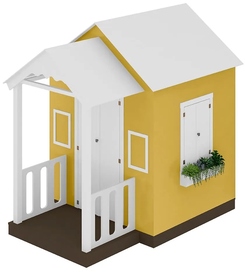 Casinha de Brinquedo MDF com Varanda c/Cerca Artesanal Branco/Amarelo L12 - Gran Belo
