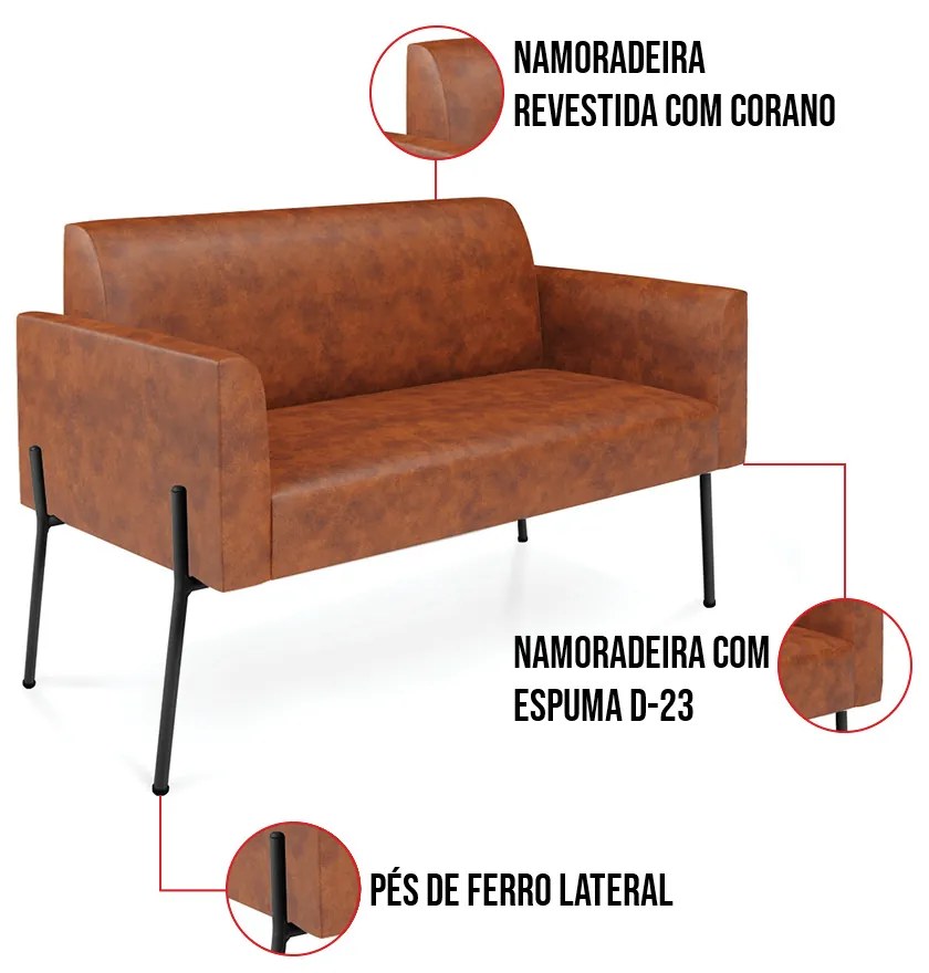 Sofá Namoradeira 2 Lugares Pé de Ferro Preto para Sala Marisa Corano D03 - D'Rossi - Nozes
