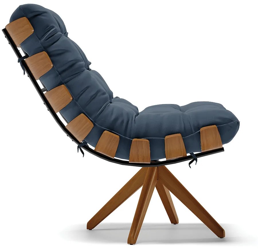 Poltrona Giratória Costela Suede Azul Marinho Base Madeira MA30 - D'Rossi