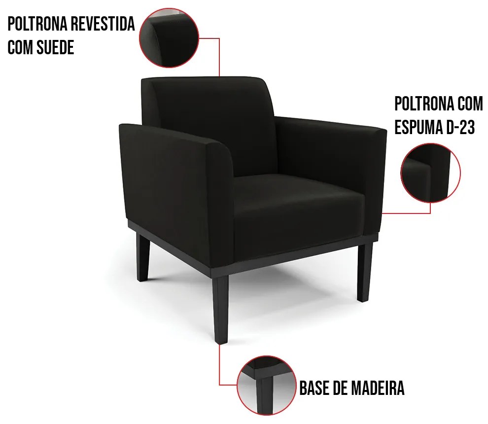 Poltrona Base de Madeira Fixa Preto Marisa Suede  D03 - D'Rossi - Preto