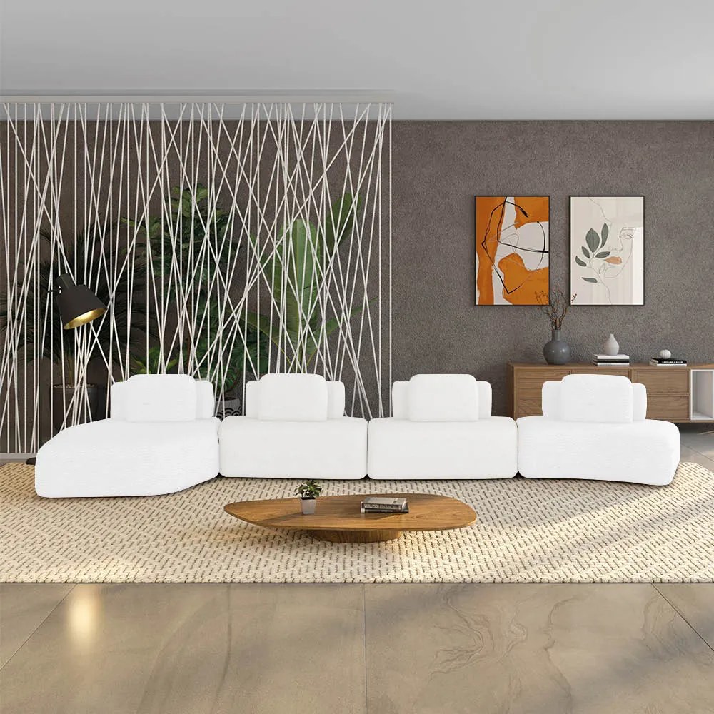 Sofá 4 Lugares Orgânico com Chaise e 3 Módulos Berlim Bouclê Off K01 - D'Rossi - Off White