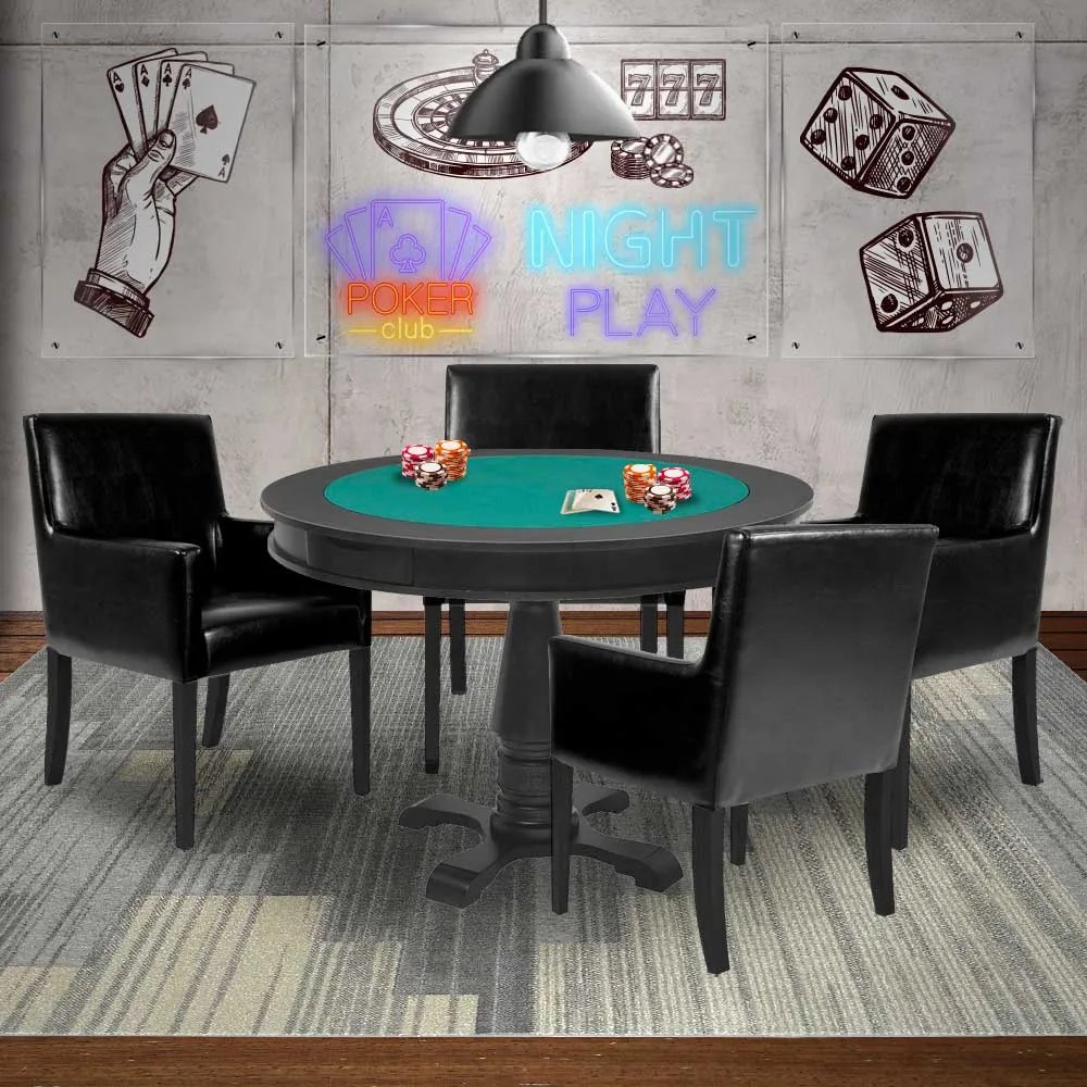 Mesa de Jogos Carteado Victoria Redonda Tampo Reversível Preto com 4 Cadeiras Liverpool PU Sintético Preto Liso G36 G15 - Gran Belo