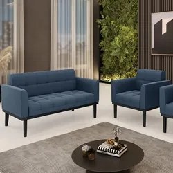 Sofá Namoradeira e 1 Poltrona Base Madeira Preto Ana Suede Azul Marinh