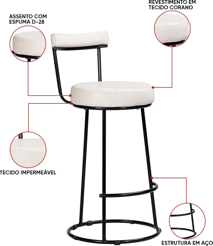 Banqueta Alta Cozinha 70cm Encosto Industrial Aço Kit 6 Ziria Pu S02 - D'Rossi - Off White