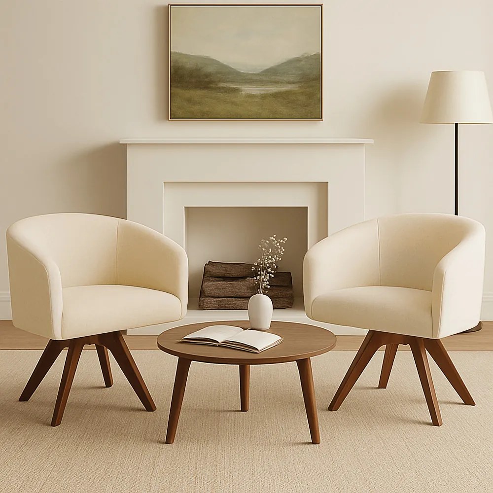 Poltrona Sala Base Giratória Madeira Kit 2 Arielle Linho Bege D03 - D'Rossi