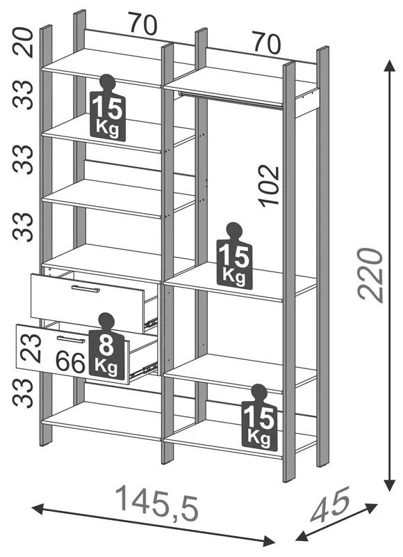 Guarda Roupa Closet Modulado 02 Torres Gaveteiro e Cabideiro Freijó com Preto Fosco Industrial - D'Rossi