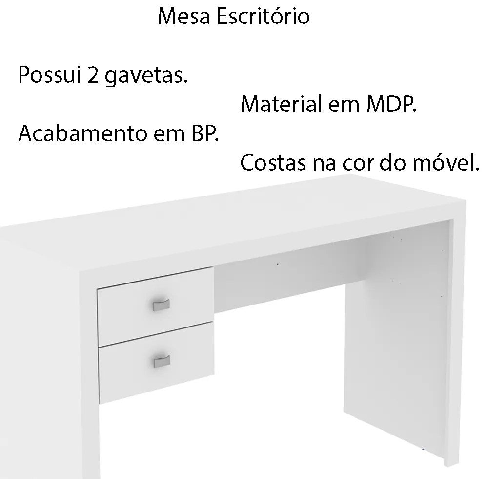 Mesa com 2 Gavetas para Escritório Home Office ME4123 MDP Branco G69 - Gran Belo