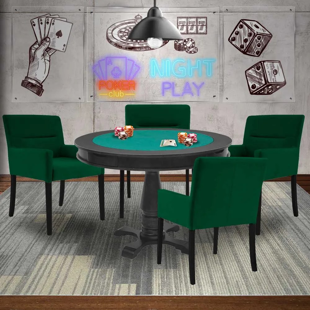 Mesa de Jogos Carteado Victoria Redonda Tampo Reversível Preto com 4 Cadeiras Vicenza Suede Verde G36 G15 - Gran Belo