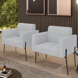 Poltrona Para Sala Pé Metal Preto Kit 2 Ana Linho Cinza - Ibiza