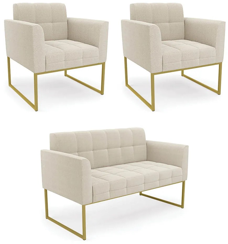 Namoradeira e 2 Poltronas Industrial Dourado Elisa Bouclê D03 - DRossi - Bege