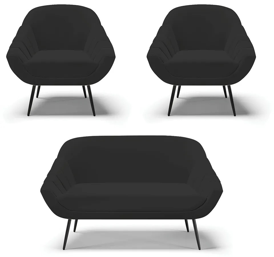 Kit 01 Namoradeira 02 Lugares e 02 Poltronas Giovana Veludo Pés Palito De Ferro - D'Rossi - Preto