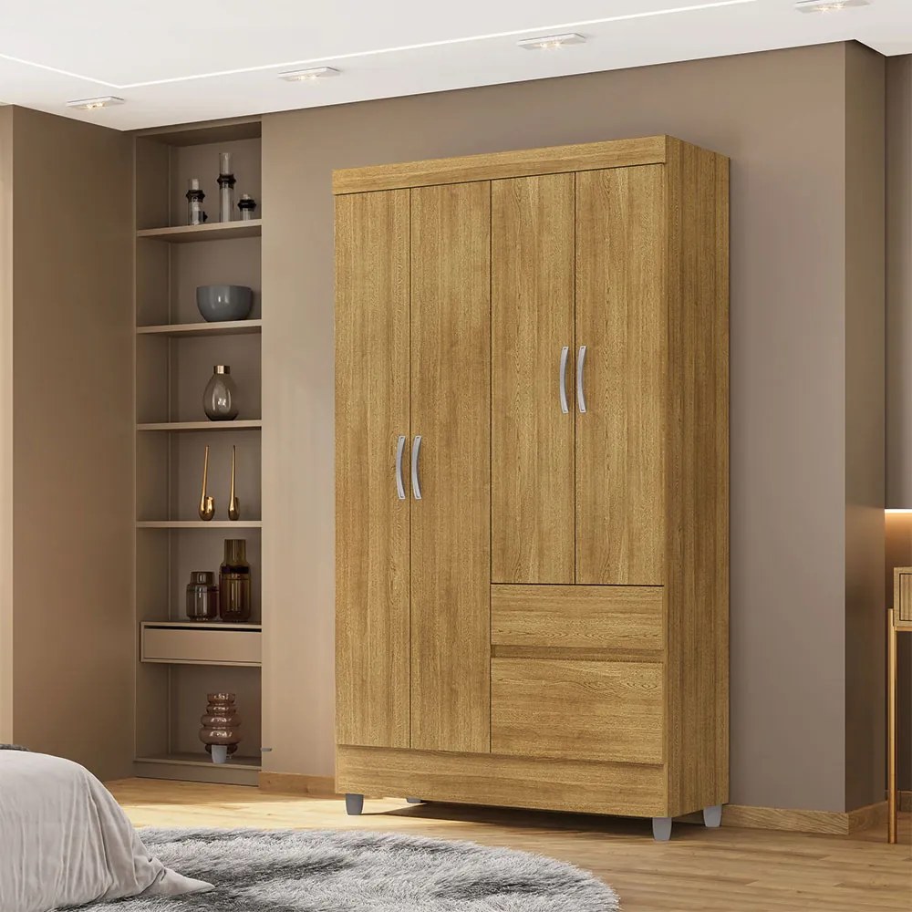 Guarda Roupa Solteiro Abruzzo 4 Portas de Bater 2 Gavetas com Cabideiro Nature G98 - Gran Belo
