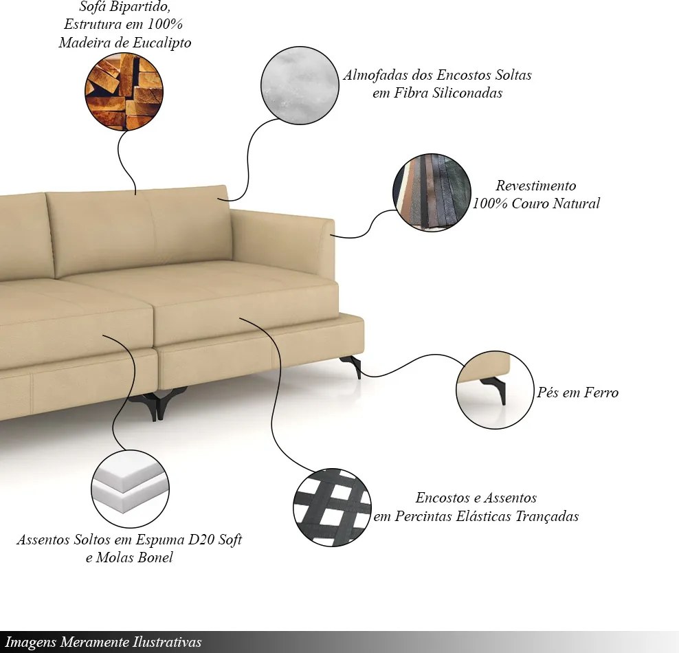 Sofá Living Bipartido 270cm Indonésia Pés de Ferro Couro Bege G52 - Gran Belo