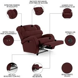 Poltrona do Papai Reclinável Kalie Power Touch USB FH9 Veludo Vinho -