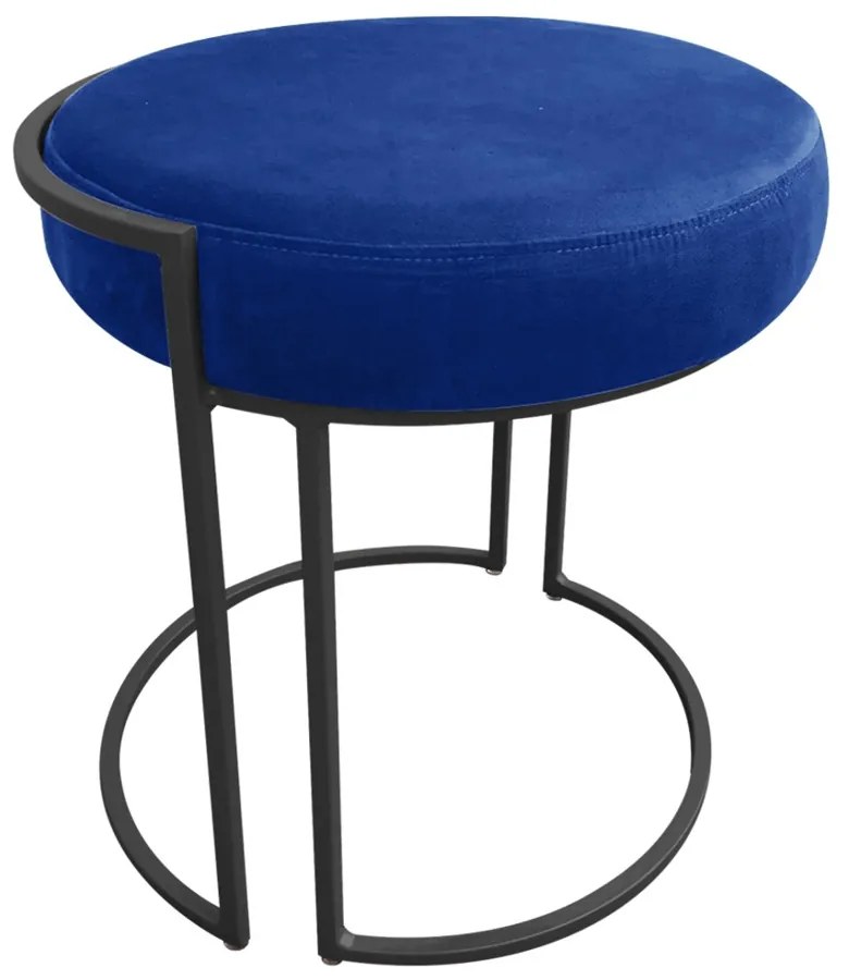 Puff Redondo Base Industrial Preto Kit 2 Love Suede - Azul Royal