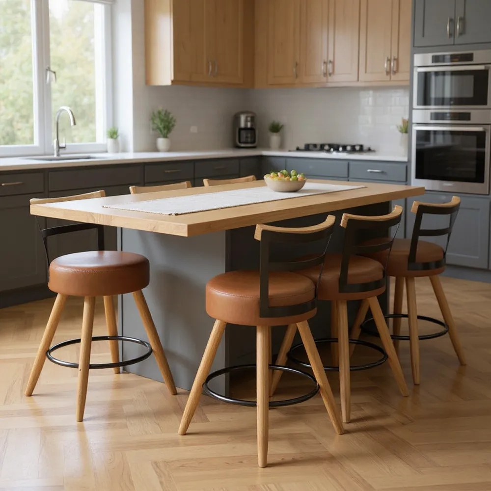 Banqueta Baixa Cozinha 50cm Encosto Pé Madeira Kit 6 Kyara Pu S02 - D'Rossi - Caramelo