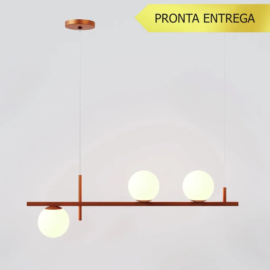 Pendente Three Gud Retângular 26X12X80Cm Alumínio E Globo Ø12Cm Fosco... (COBRE, FOSCO)