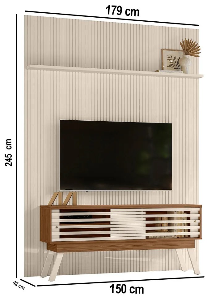 Painel TV 65 Pol 179cm Ripado Valen e Bancada Orlin M20 - D'Rossi - Naturale(fosco)/Off White(brilho)
