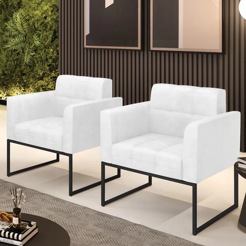 Poltrona Sala Decorativa Kit 2 Elisa Industrial Preto Sintético Pu D03 - D'Rossi - Branco