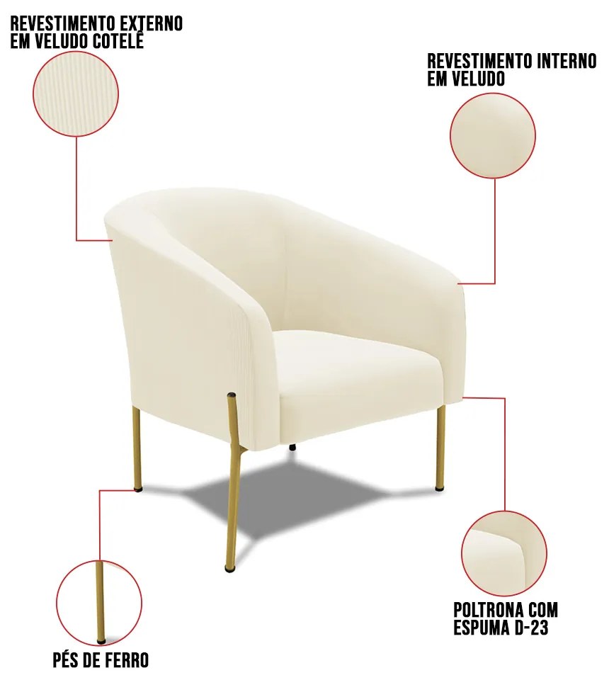 Poltrona Decorativa Pé de Ferro Dourado Stella Cotelê Ext/Veludo D03 - D'Rossi - Off White
