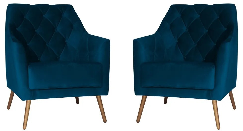Kit 2 Poltronas Atena Decorativa Botonê Pés Palito Veludo Azul Marinho