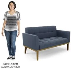 Sofá Namoradeira e 2 Poltronas Base Madeira Castanho Ana Suede Azul Ma
