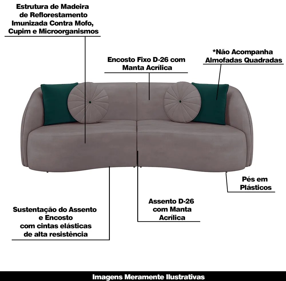 Sofá Decorativo 240cm com Almofadas Redondas Clarke Veludo Rosê G45 - Gran Belo
