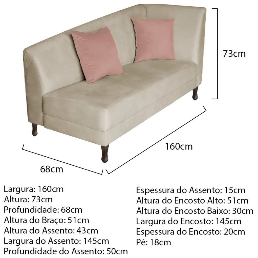 Divã Recamier Heitor 160cm com Almofada Lado Esquerdo Suede - ADJ Decor