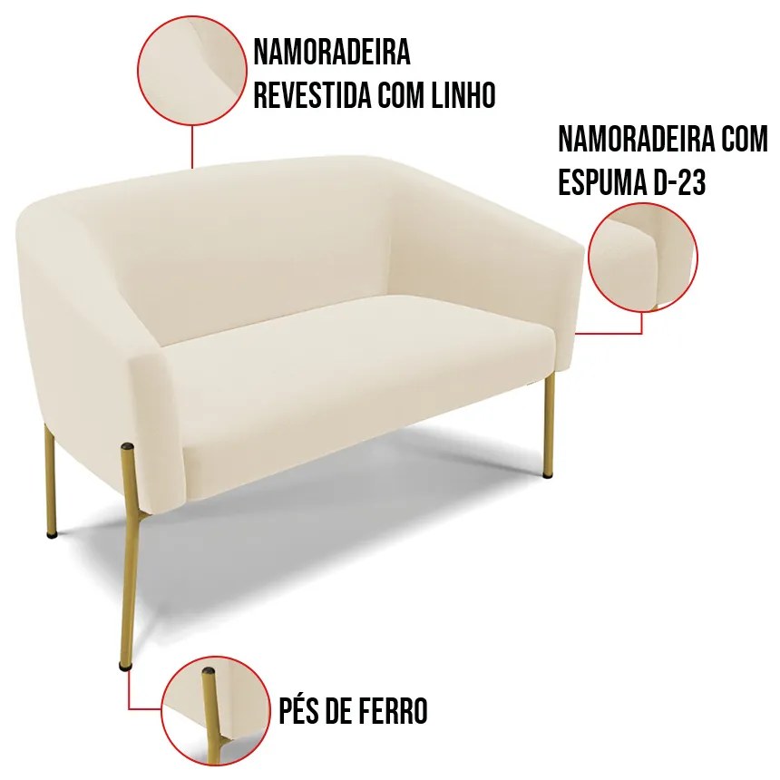 Sofá 2 Lugares Namoradeira Pé de Ferro Dourado Stella Linho Bege D03 - D'Rossi