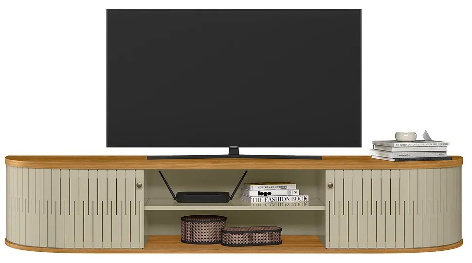 Rack TV 75 Pol 183cm Bancada Suspenso Ripado Aurenzo M20 - D'Rossi - Cumaru e Opala