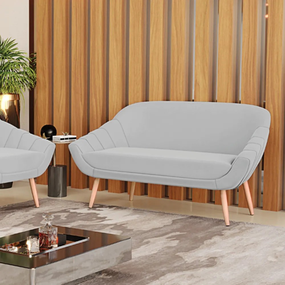 Namoradeira 02 Lugares Giovana Suede Pés Palito Natural - D'Rossi - Cinza