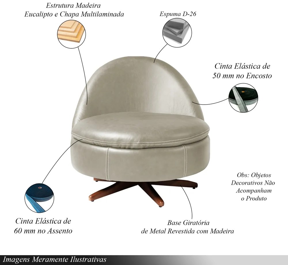 Poltrona Giulio Base de Ferro Giratória PU Areia G92 - Gran Belo
