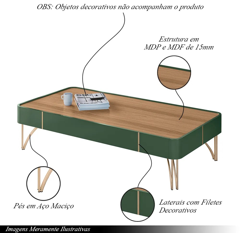 Mesa de Centro Decorativa Rennes MDP/MDF Pés de Aço Verde Pistache/Freijó G26 - Gran Belo