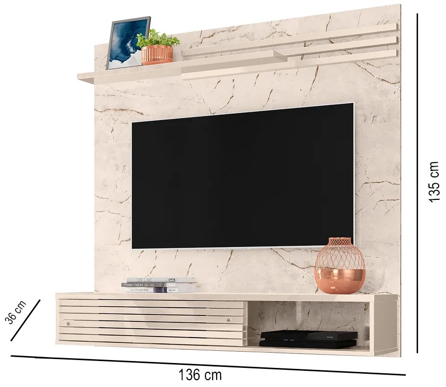 Painel TV 55 Pol 136cm Bancada Suspensa para Sala Briven M20 - D'Rossi - Calacata e Off White