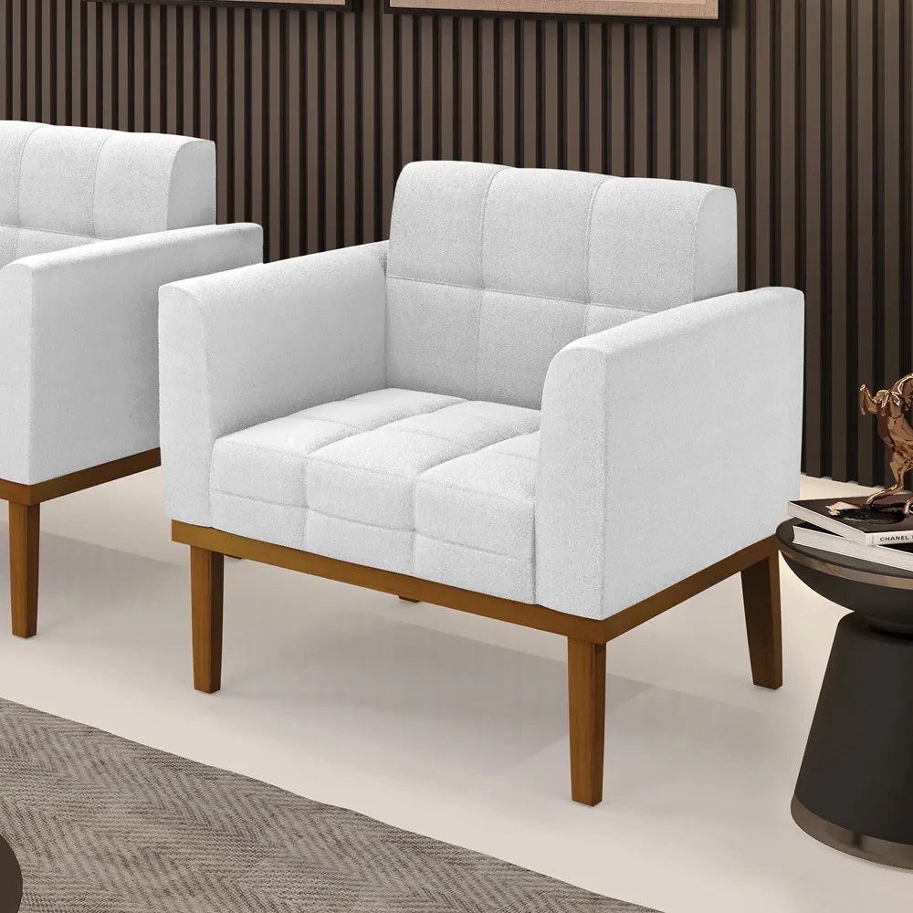 Poltrona Sala Decorativa Elisa Base de Madeira Castanho Bouclê D03 - D'Rossi - Off White