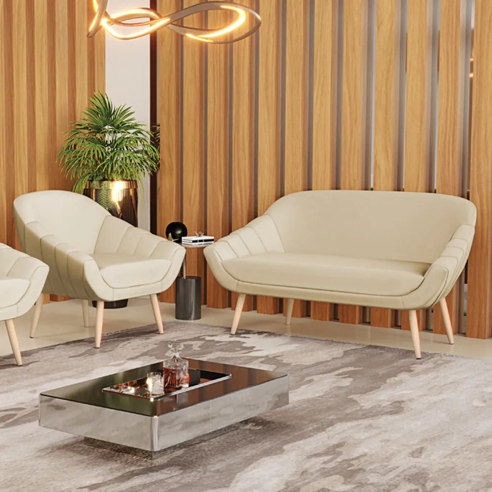 Kit 01 Namoradeira 02 Lugares e 01 Poltrona Giovana Corino Bege Pés Palito Natural - Indo Decorar