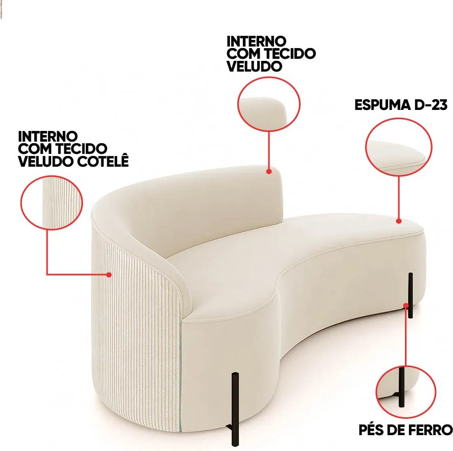 Sofá 4 Lugares Orgânico 220cm Pé Preto Morgan Veludo/Cotelê - Bege