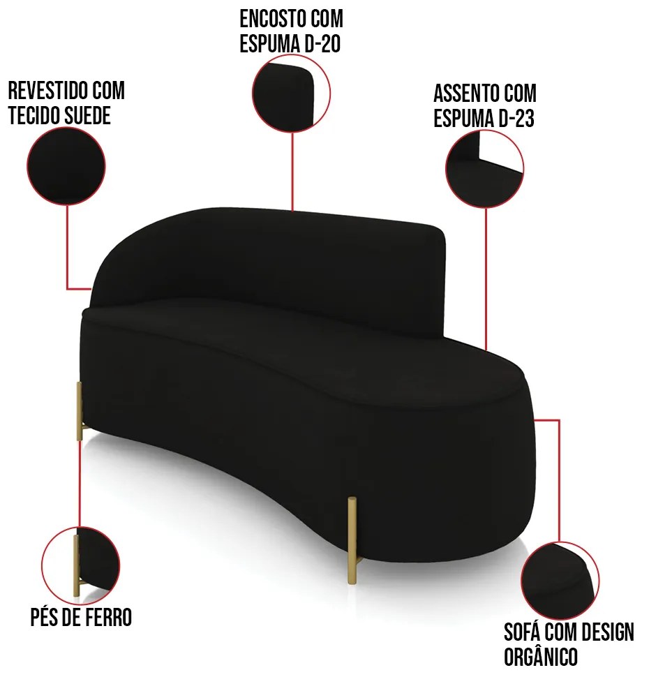 Sofá 3 Lugares Orgânico 180cm Pé Dourado Morgan Suede D03 - D'Rossi - Preto