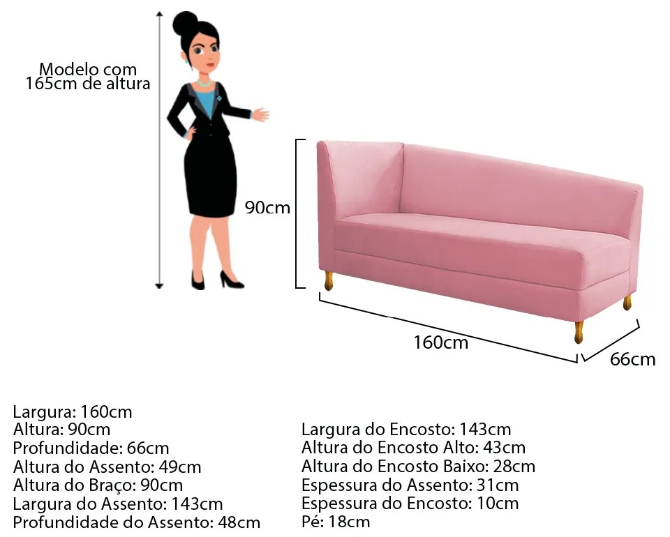 Recamier Valéria 160cm Lado Direito Suede Rosa Bebê - ADJ Decor