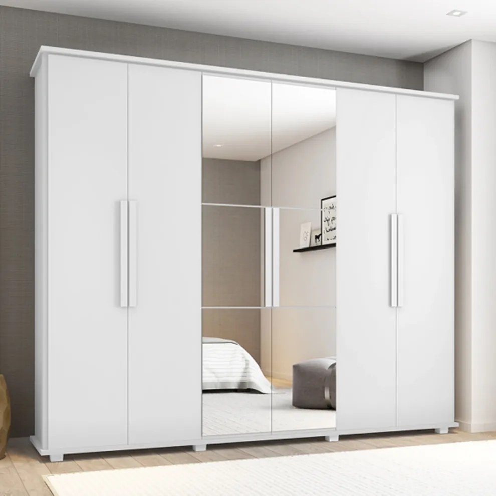 Guarda-Roupa Casal com Espelho 6 Portas 4 Gavetas Canadá Branco - RV Móveis