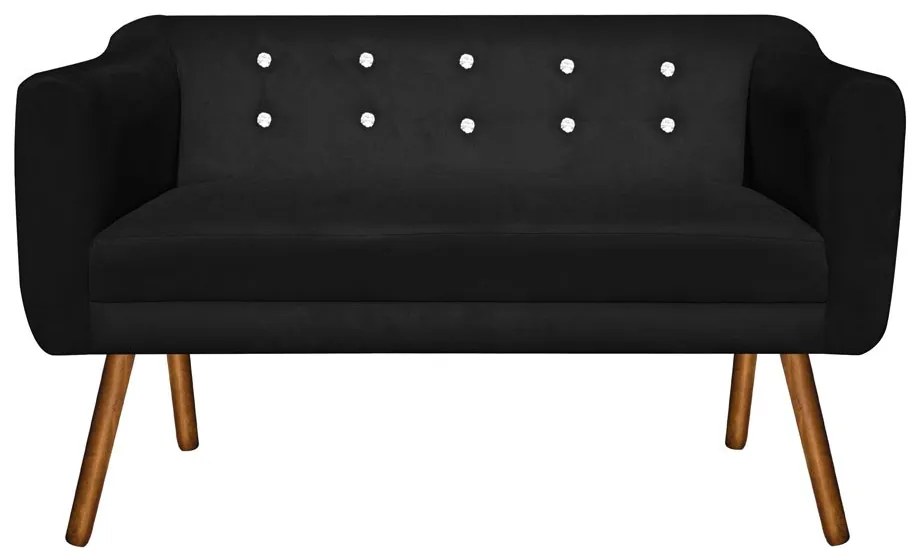 Kit 01 Namoradeira 02 Lugares e 02 Poltronas Julia Suede Preto com Strass Pés Palito Castanho D'Rossi