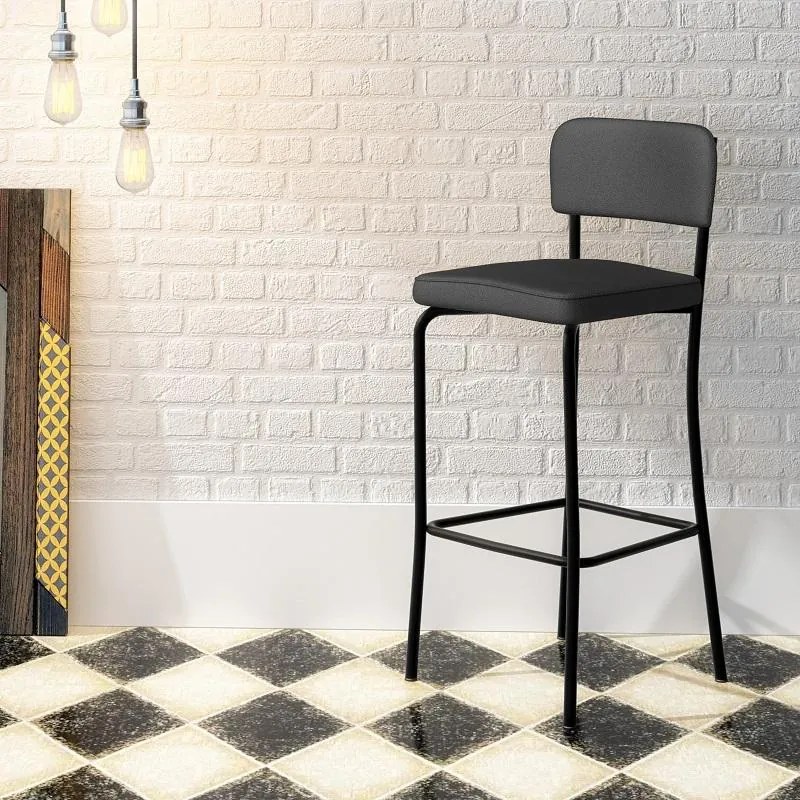 Banqueta Alta Retrô Preta Assento Vinil Preto Pozza