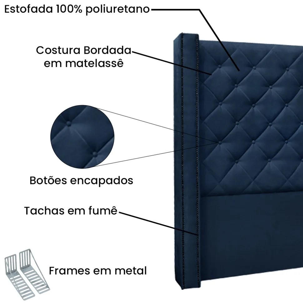 Cabeceira Cama Box Casal 140cm e Recamier Vicenza Suede S04 - D'Rossi - Azul Marinho